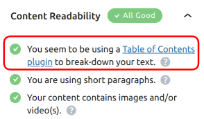그림 6. 목차가 추가됐을 때 Rank Math Content Readability 상태