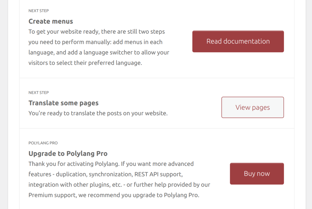 그림 7. Polylang 메뉴 생성, 페이지 번역, 및 유료버전 Pro 안내